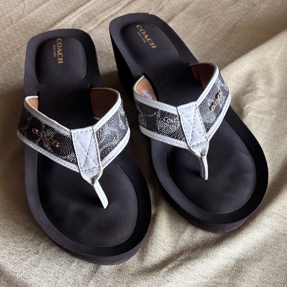 Coach Shoes - Coach Black Footbed White-Trim Logo Strap Thong Sandals